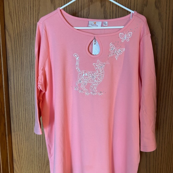 Quacker Factory Tops - Quacker Factory Pink 3/4 Length Sleeve Top with Cat and Butterfly Embroidery